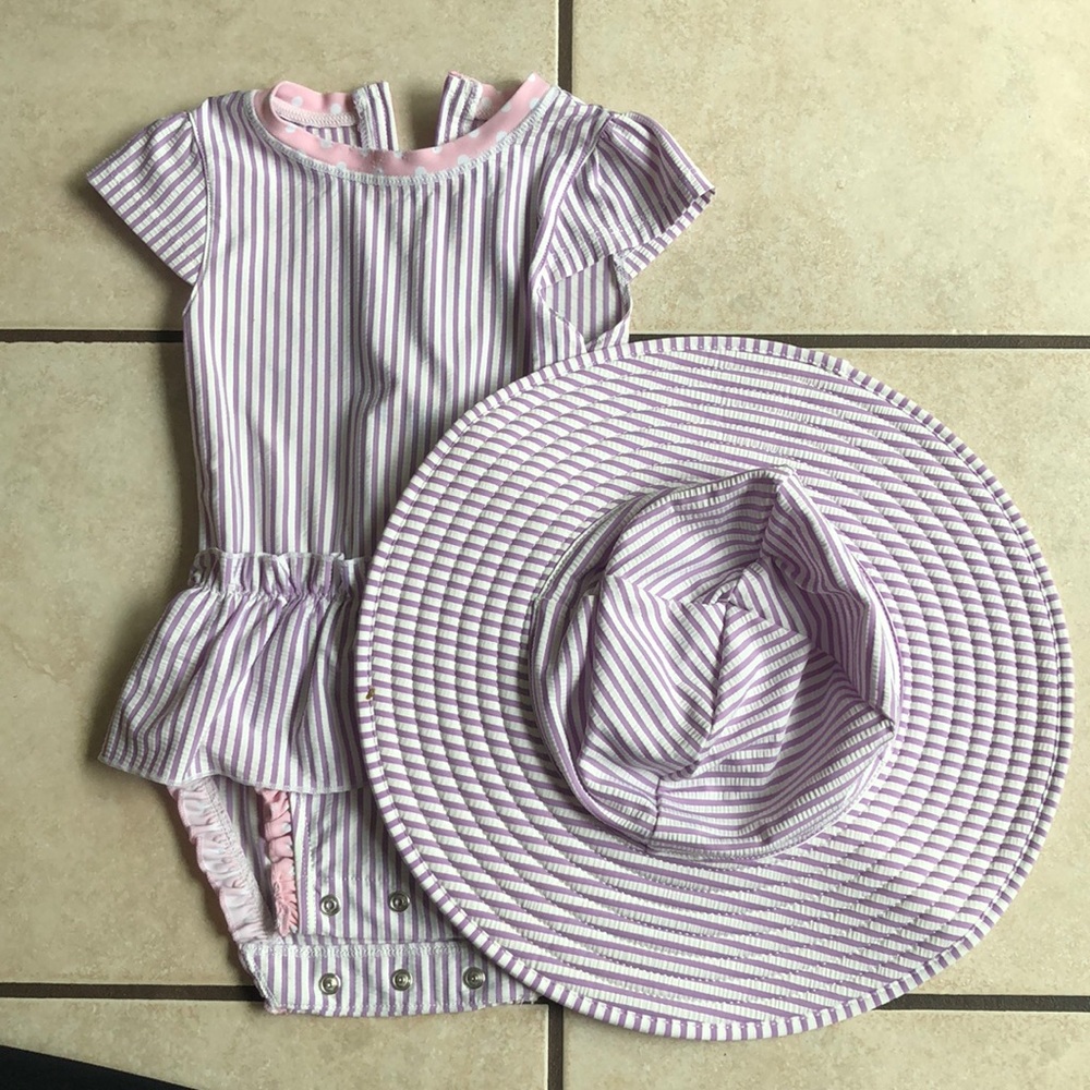 Ruffle butts purple seersucker swimsuit hat set
